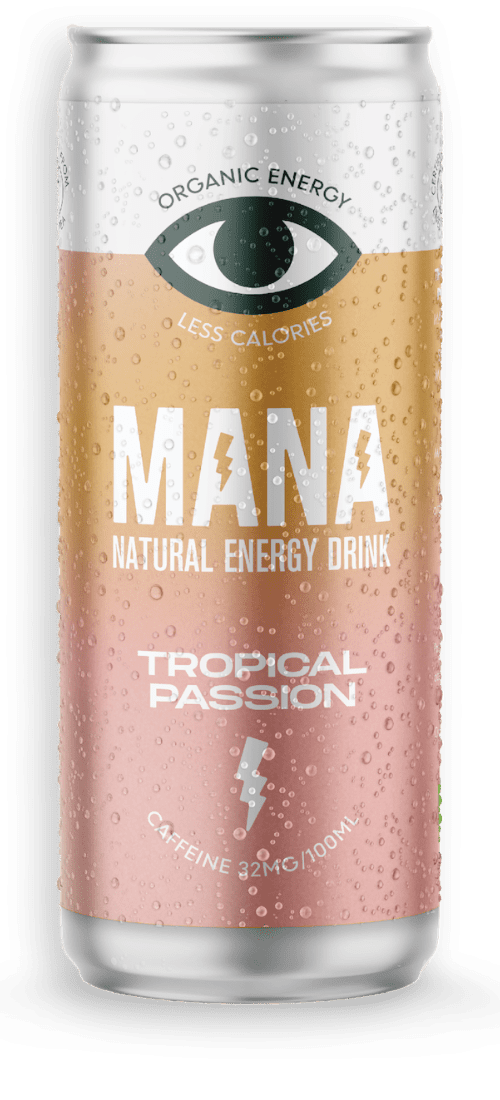 MANA natural energy drink can held in hand